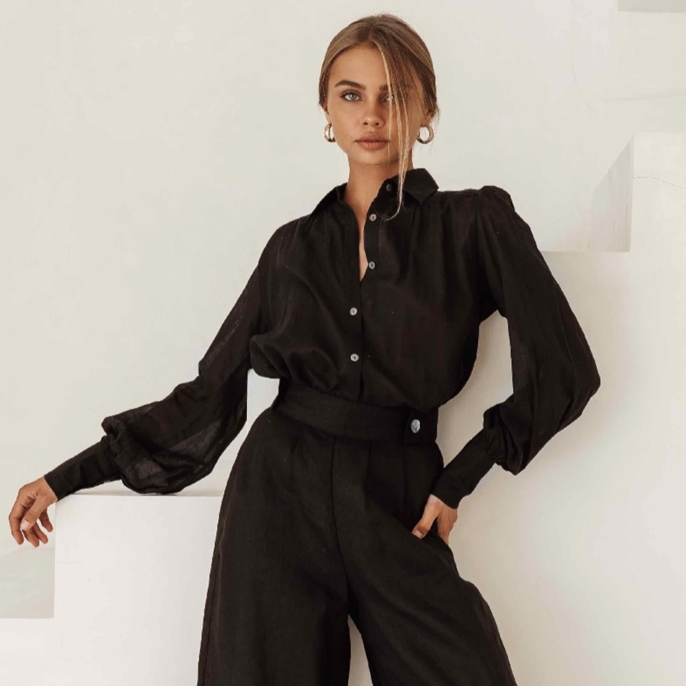 Sheer 100% Cotton Button-Down Blouse - Sustainable Fashion - Black XS